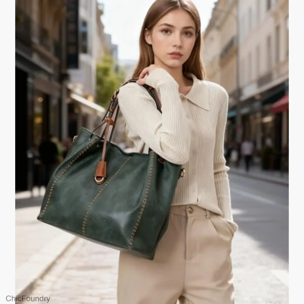 Vintage Hobo Shoulder Bag Soft Leather Bucket Tote Structured Purse Rivet Detail